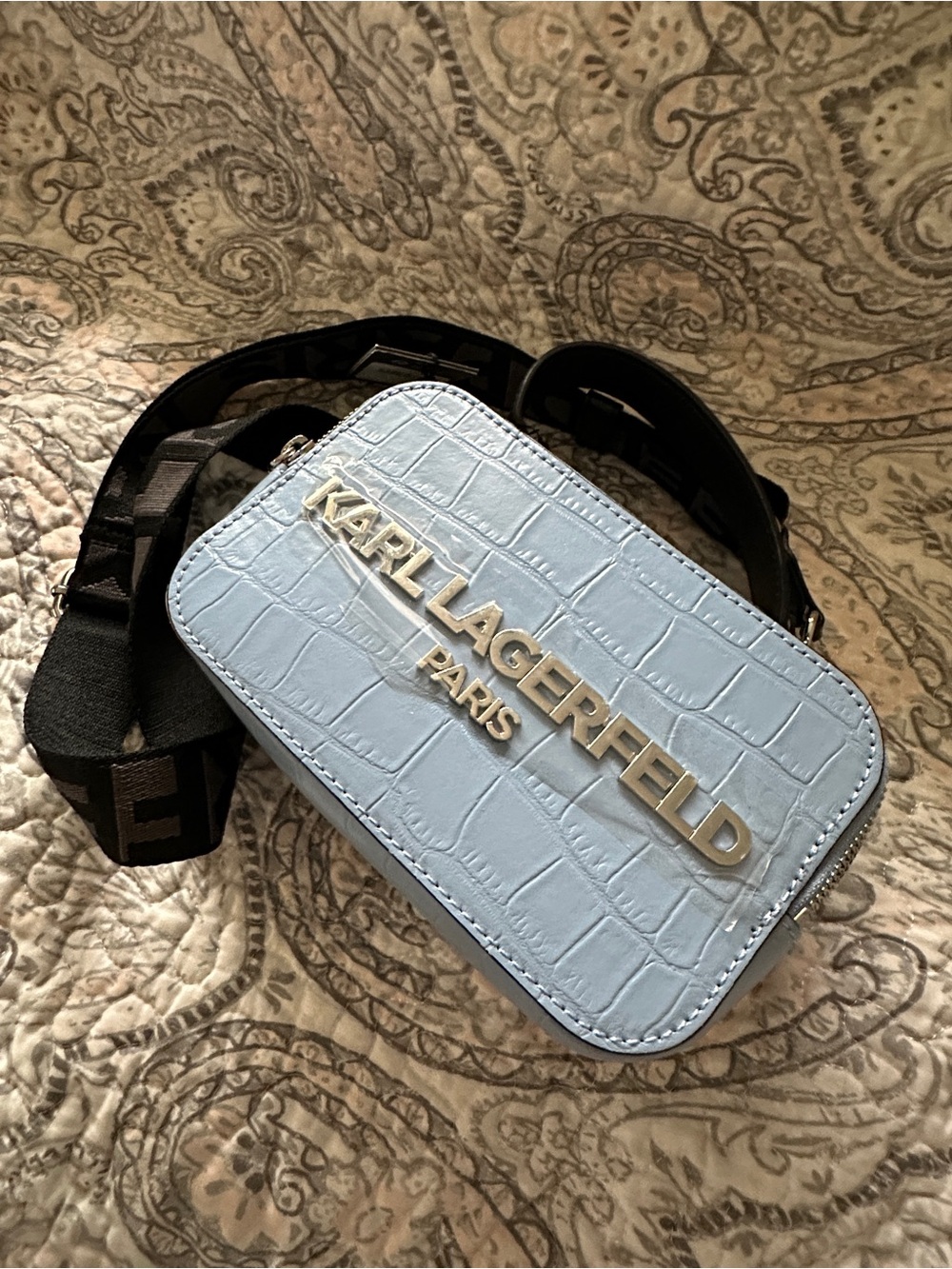NWT: Karl Lagerfeld Simone Blue Faux-Croc Crossbody Camera Bag with Black Strap - Picture 2 of 6